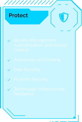 This tile shows the Protect function of the NIST Cybersecurity Framework 2.0 with its categories: identity and access control, awareness and training, data security, platform security and infrastructure resilience.