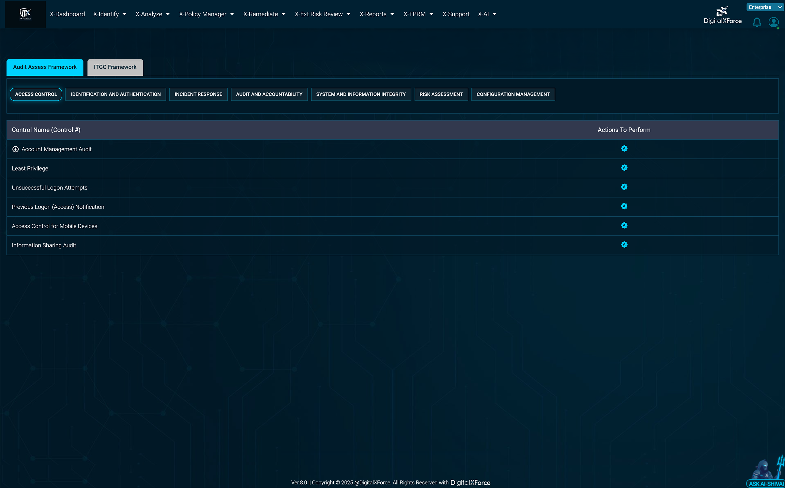 This screenshot shows the DigitalXForce A-Assess module with a control assessment and its questions.